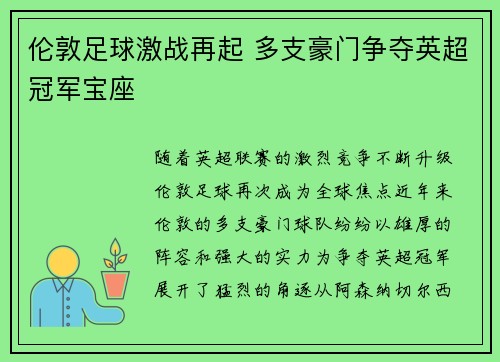 伦敦足球激战再起 多支豪门争夺英超冠军宝座