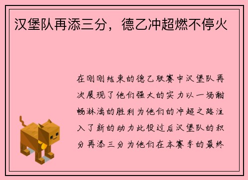 汉堡队再添三分，德乙冲超燃不停火
